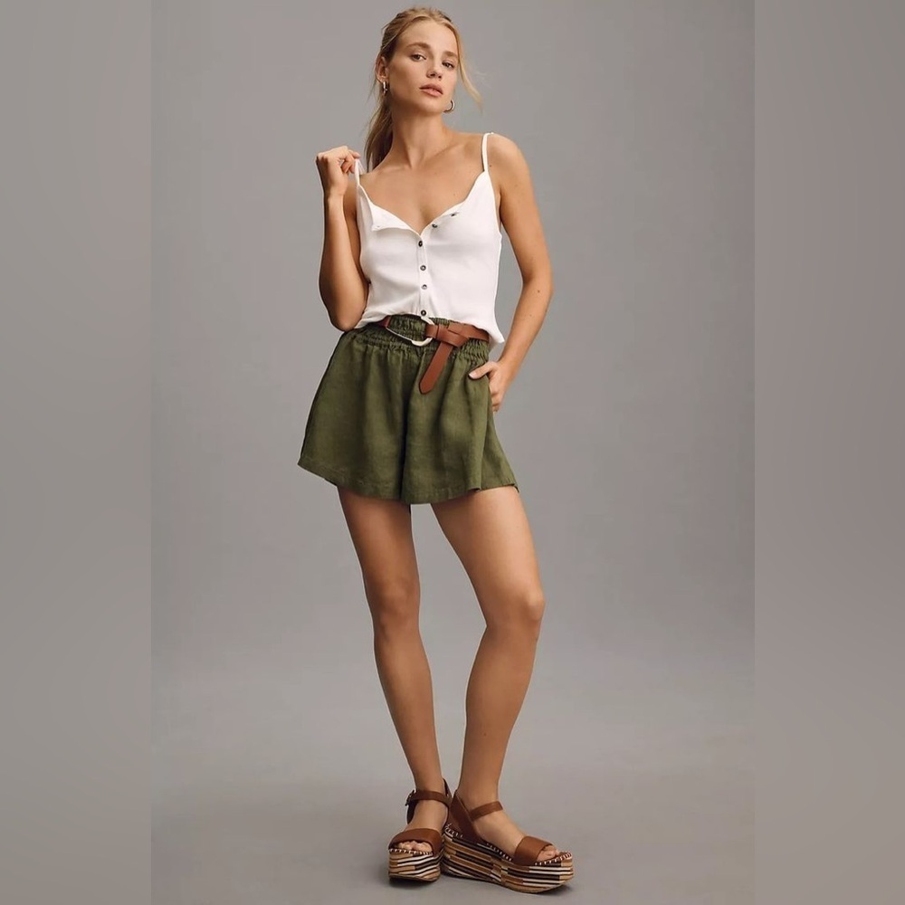 Anthropologie Somerset Linen Shorts Green XL | High Waist Pull-On Summer Style